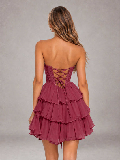 Cinnamon Rose Strapless Lace Corset Tiered Ruffle Mini Homecoming Dress with Lace-Up Back