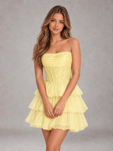 Strapless Lace Corset Tiered Ruffle Mini Homecoming Dress with Lace-Up Back