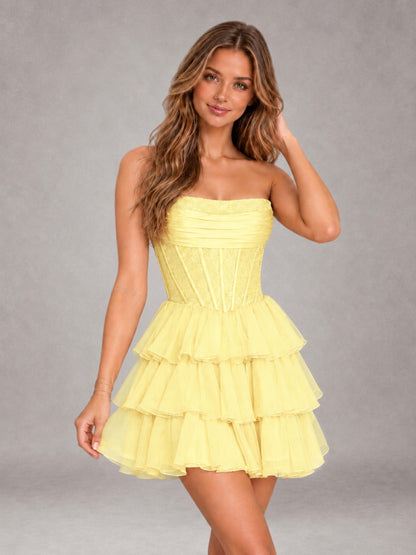 Daffodil Strapless Lace Corset Tiered Ruffle Mini Homecoming Dress with Lace-Up Back