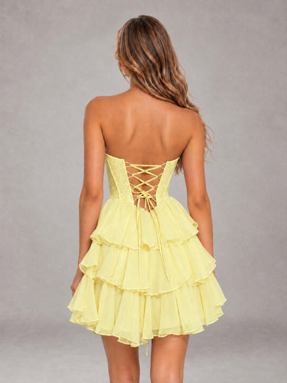 Daffodil Strapless Lace Corset Tiered Ruffle Mini Homecoming Dress with Lace-Up Back