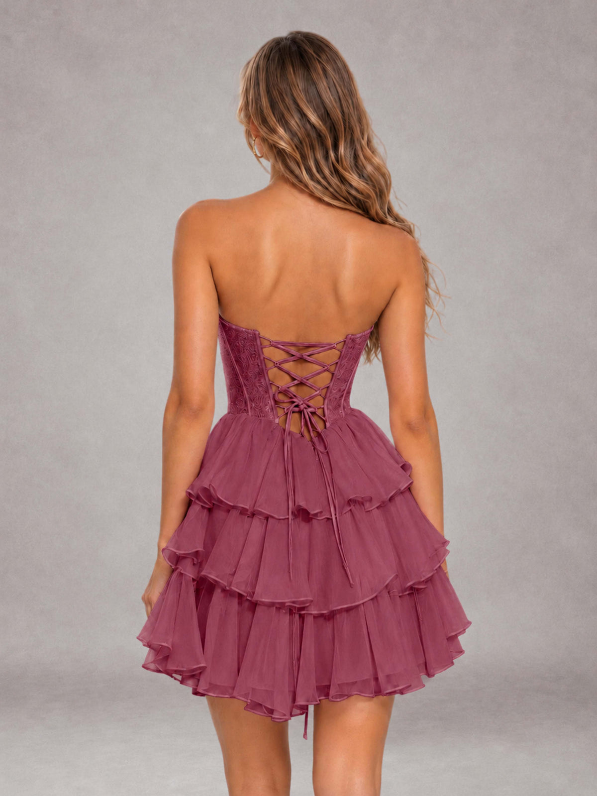 Desert Rose Strapless Lace Corset Tiered Ruffle Mini Homecoming Dress with Lace-Up Back