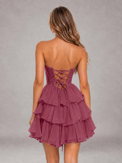 Desert Rose Strapless Lace Corset Tiered Ruffle Mini Homecoming Dress with Lace-Up Back