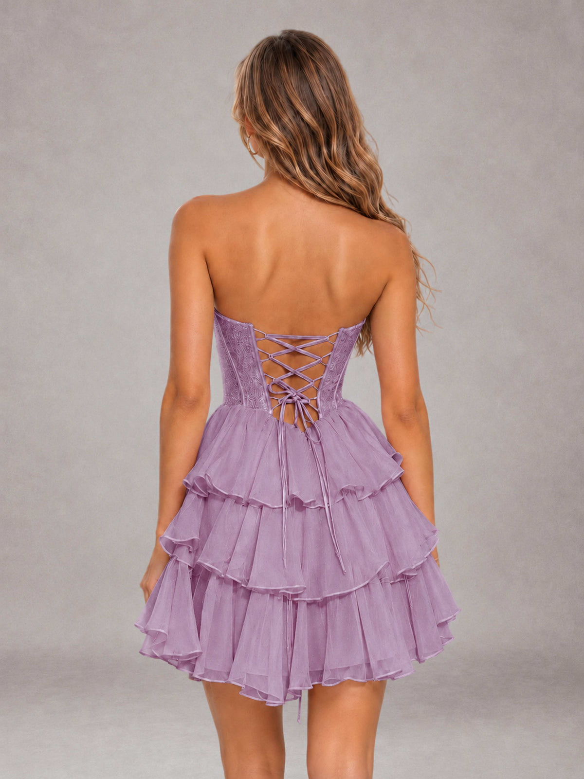 Dusty Purple Strapless Lace Corset Tiered Ruffle Mini Homecoming Dress with Lace-Up Back