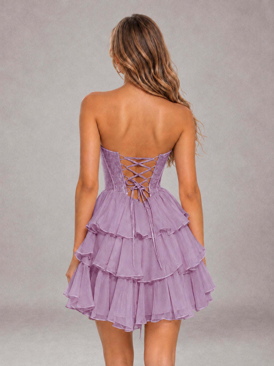 Dusty Purple Strapless Lace Corset Tiered Ruffle Mini Homecoming Dress with Lace-Up Back