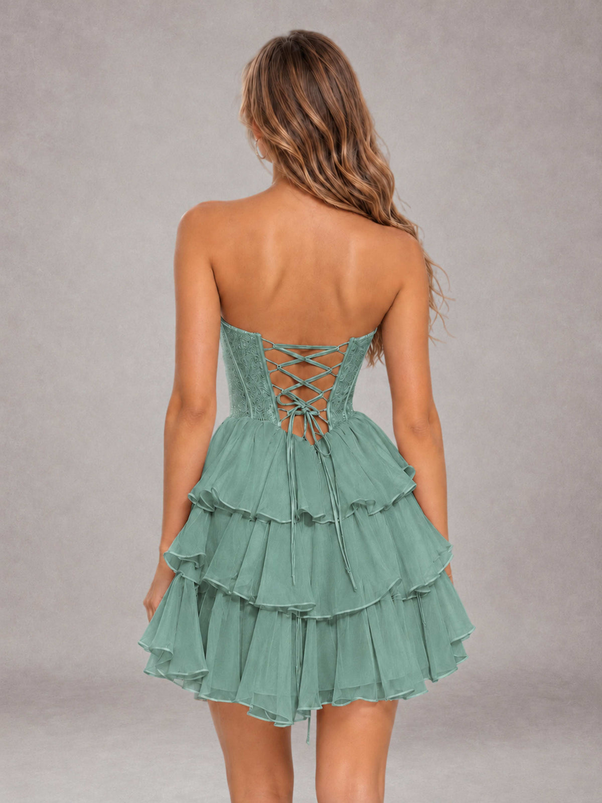 Eucalyptus Strapless Lace Corset Tiered Ruffle Mini Homecoming Dress with Lace-Up Back