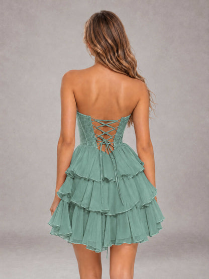 Eucalyptus Strapless Lace Corset Tiered Ruffle Mini Homecoming Dress with Lace-Up Back