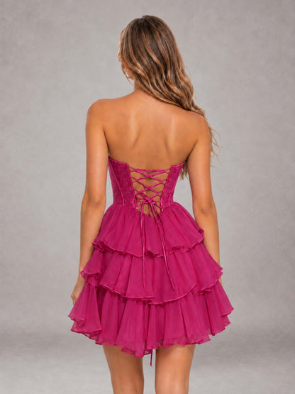 Fuchsia Strapless Lace Corset Tiered Ruffle Mini Homecoming Dress with Lace-Up Back
