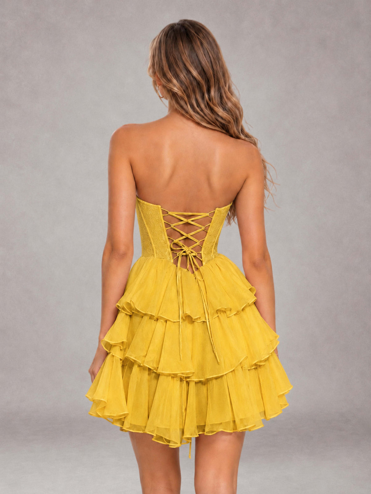 Mustard Yellow Strapless Lace Corset Tiered Ruffle Mini Homecoming Dress with Lace-Up Back