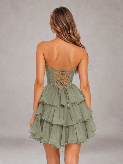 Olive Green Strapless Lace Corset Tiered Ruffle Mini Homecoming Dress with Lace-Up Back