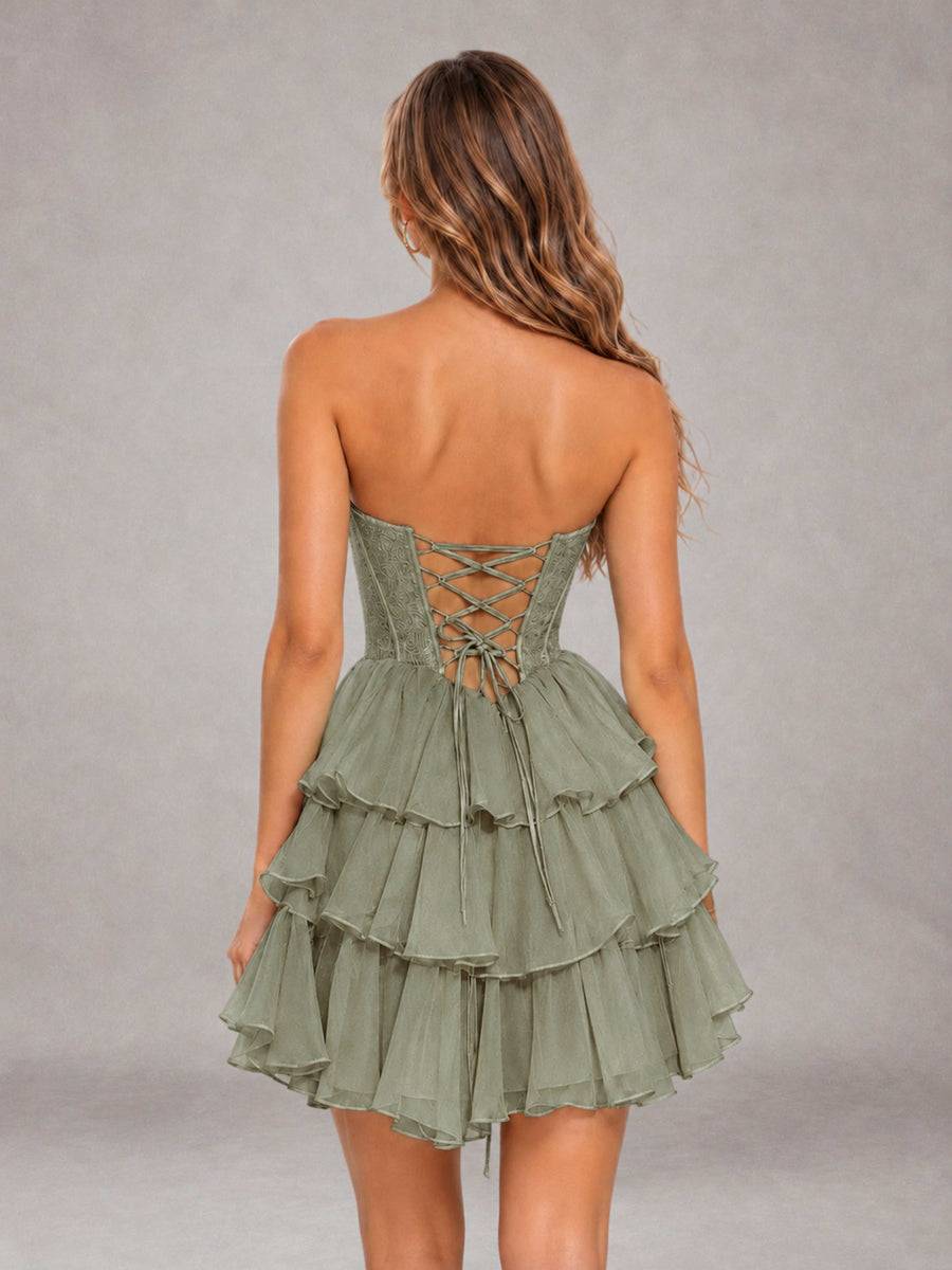 Olive Green Strapless Lace Corset Tiered Ruffle Mini Homecoming Dress with Lace-Up Back