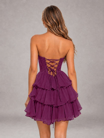 Plum Strapless Lace Corset Tiered Ruffle Mini Homecoming Dress with Lace-Up Back