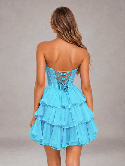 Pool Strapless Lace Corset Tiered Ruffle Mini Homecoming Dress with Lace-Up Back