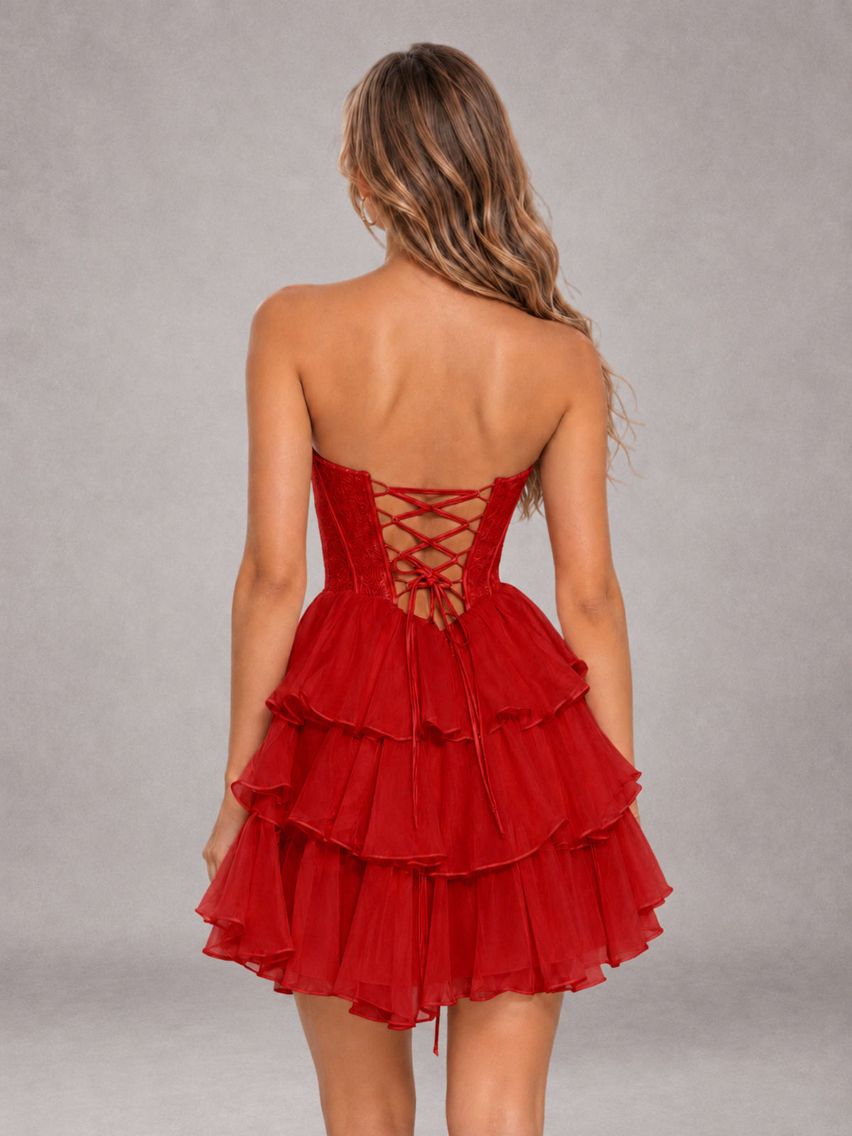 Red Strapless Lace Corset Tiered Ruffle Mini Homecoming Dress with Lace-Up Back