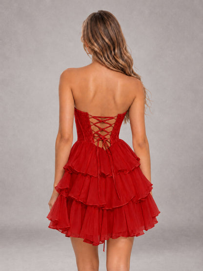 Red Strapless Lace Corset Tiered Ruffle Mini Homecoming Dress with Lace-Up Back