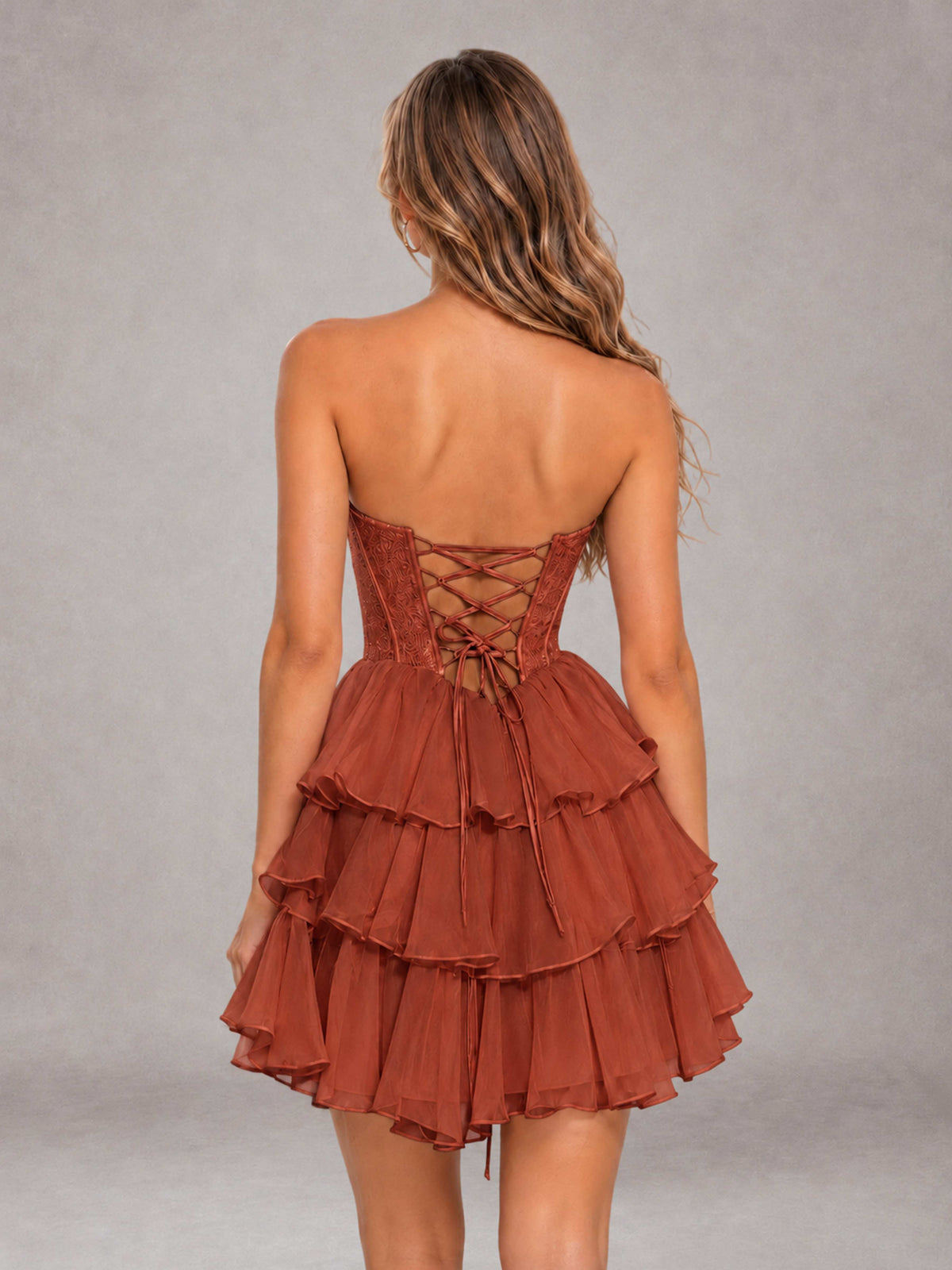Rust Strapless Lace Corset Tiered Ruffle Mini Homecoming Dress with Lace-Up Back