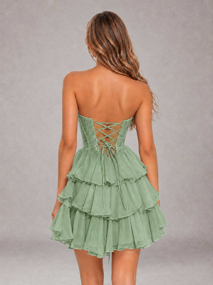 Sage Green Strapless Lace Corset Tiered Ruffle Mini Homecoming Dress with Lace-Up Back