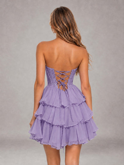 Tahiti Strapless Lace Corset Tiered Ruffle Mini Homecoming Dress with Lace-Up Back