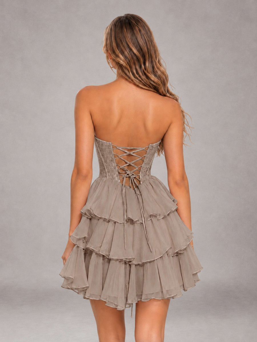 Taupe Strapless Lace Corset Tiered Ruffle Mini Homecoming Dress with Lace-Up Back
