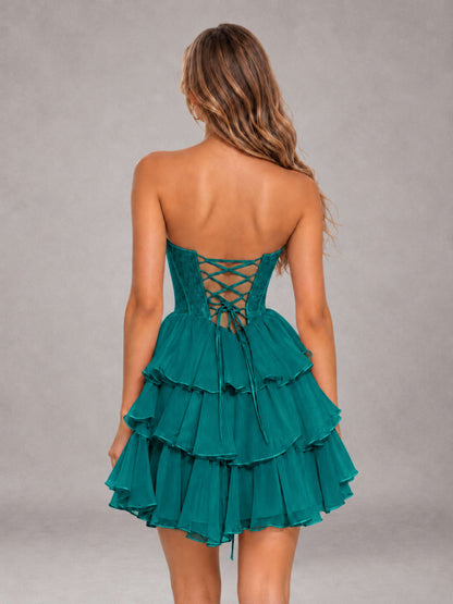 Teal Strapless Lace Corset Tiered Ruffle Mini Homecoming Dress with Lace-Up Back