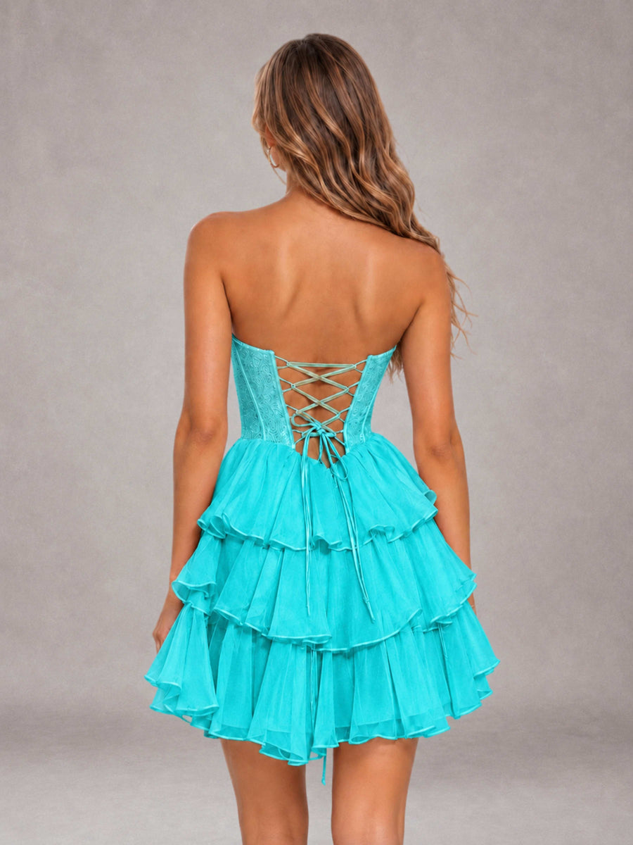 Turquoise Strapless Lace Corset Tiered Ruffle Mini Homecoming Dress with Lace-Up Back