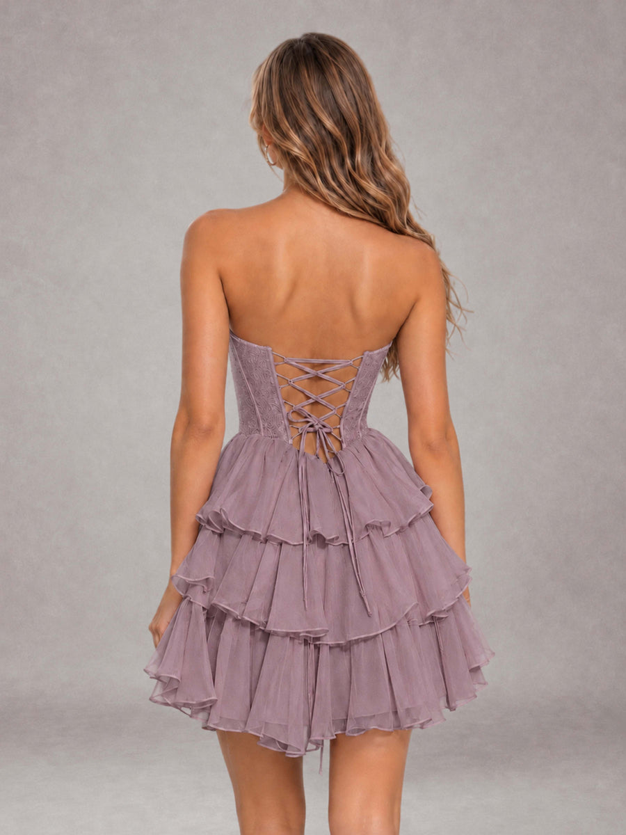 Wisteria Strapless Lace Corset Tiered Ruffle Mini Homecoming Dress with Lace-Up Back