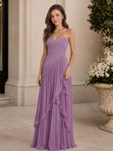 Sweetheart Pleated Chiffon with Draped Ruffle Maxi Wedding Guest Dress