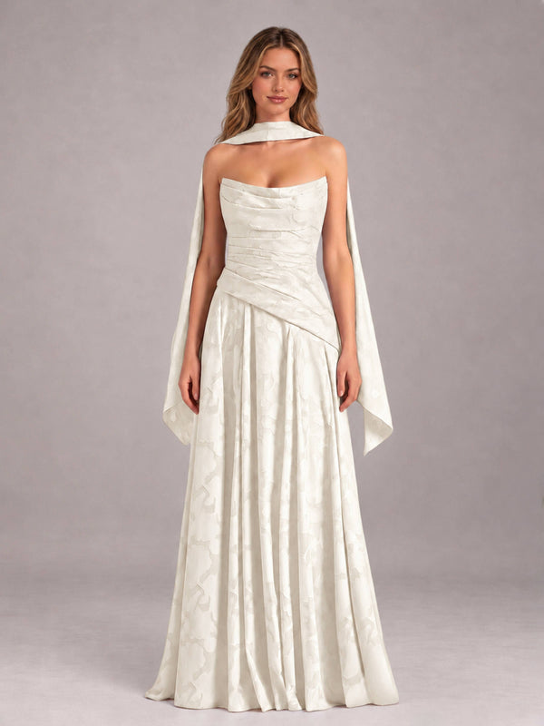 Ivory Strapless Pleated Floral Lace Bridesmaid Dress with Ribbon Ties Lace-Up Back Floor Length