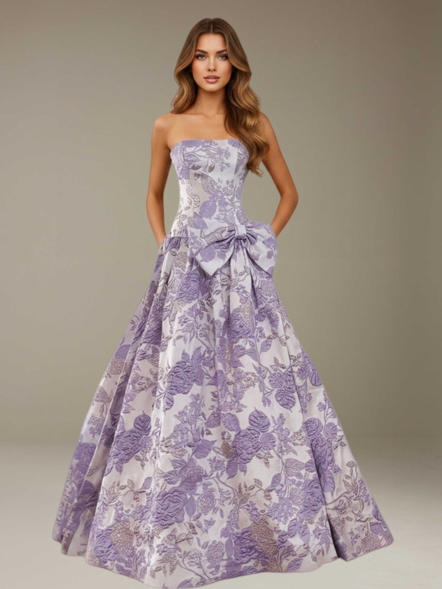 Purple Strapless Prom Dress A-Line with Bow and Lace-Up Back