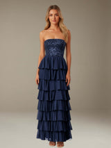 Strapless Prom Dress Ankle Length with Pleated & Sequin Detail