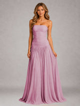 Free Shipping Strapless Ruched A Line Pleated Chiffon Dress Floor Length Gown