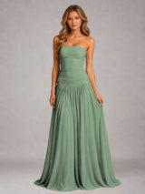 Free Shipping Strapless Ruched A Line Pleated Chiffon Dress Floor Length Gown