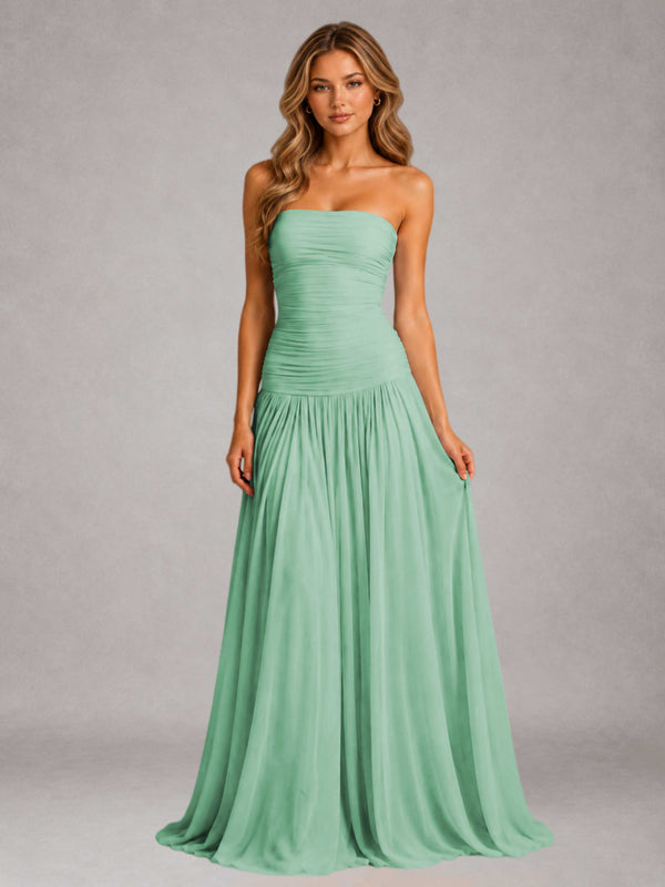 Mint Green Free Shipping Strapless Ruched A Line Pleated Chiffon Dress Floor Length Gown