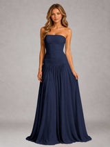 Free Shipping Strapless Ruched A Line Pleated Chiffon Dress Floor Length Gown