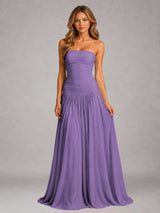 Free Shipping Strapless Ruched A Line Pleated Chiffon Dress Floor Length Gown