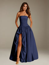 Free Shipping Strapless Ruffled Prom Dress with Side Slit