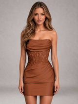 Free Shipping Strapless Stretch Satin Corset Mini Homecoming Dress with Lace & Sequin Detail