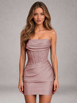 Free Shipping Strapless Stretch Satin Corset Mini Homecoming Dress with Lace & Sequin Detail