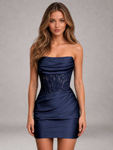 Free Shipping Strapless Stretch Satin Corset Mini Homecoming Dress with Lace & Sequin Detail