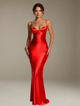 Free Shipping Stretch Satin Bodycon Mermaid Maxi Dress Spaghetti Strap Evening Gown