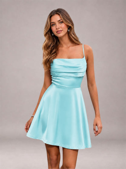 Aqua Blue Stretch Satin Cowl Neck Spaghetti Strap Pleated Mini Homecoming Dress with Lace Up Back