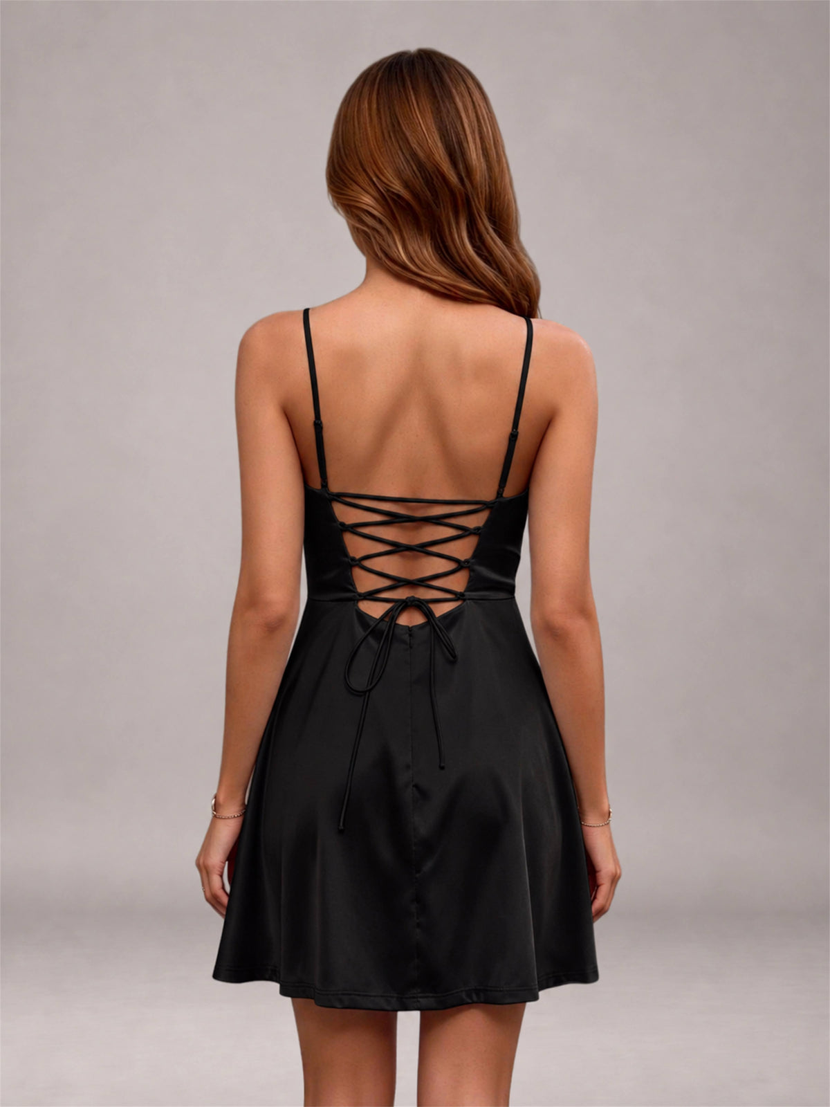 Black Stretch Satin Cowl Neck Spaghetti Strap Pleated Mini Homecoming Dress with Lace Up Back