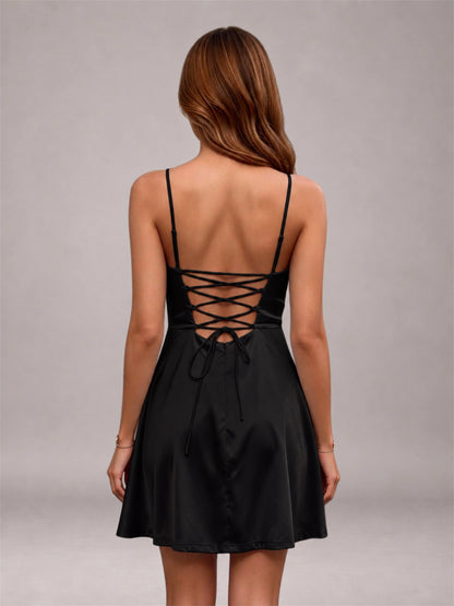Black Stretch Satin Cowl Neck Spaghetti Strap Pleated Mini Homecoming Dress with Lace Up Back