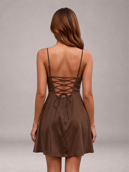 Brown Stretch Satin Cowl Neck Spaghetti Strap Pleated Mini Homecoming Dress with Lace Up Back