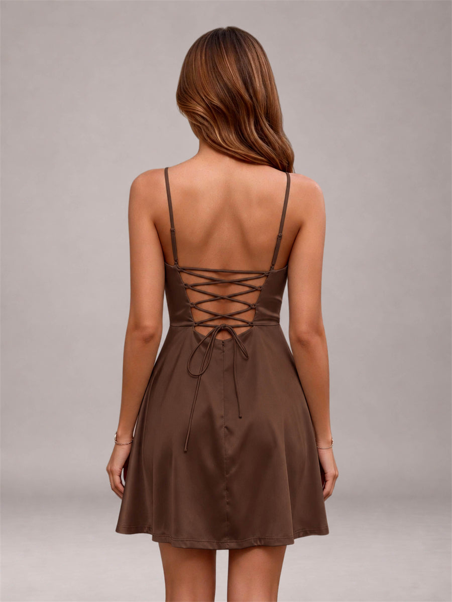 Brown Stretch Satin Cowl Neck Spaghetti Strap Pleated Mini Homecoming Dress with Lace Up Back