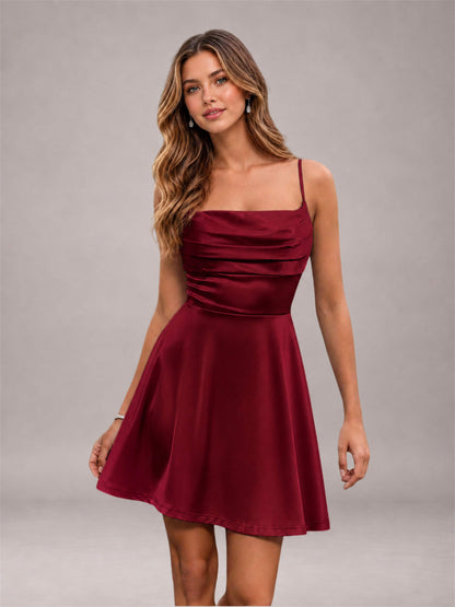 Burgundy Stretch Satin Cowl Neck Spaghetti Strap Pleated Mini Homecoming Dress with Lace Up Back