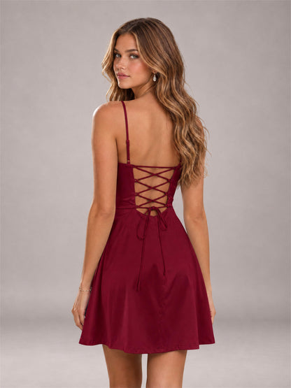 Burgundy Stretch Satin Cowl Neck Spaghetti Strap Pleated Mini Homecoming Dress with Lace Up Back