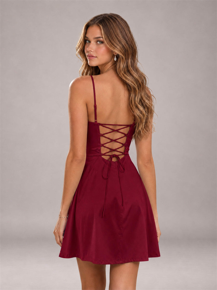 Burgundy Stretch Satin Cowl Neck Spaghetti Strap Pleated Mini Homecoming Dress with Lace Up Back