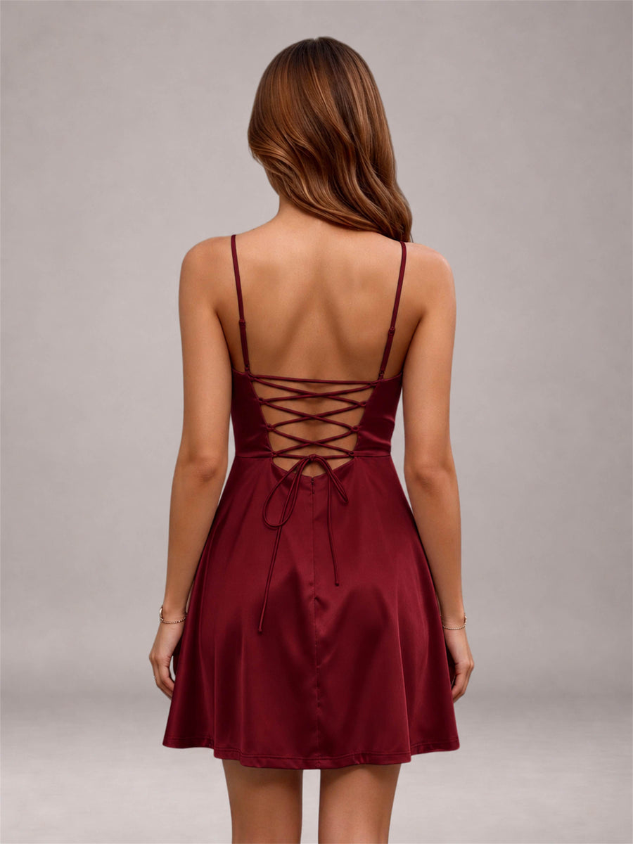 Burgundy Stretch Satin Cowl Neck Spaghetti Strap Pleated Mini Homecoming Dress with Lace Up Back