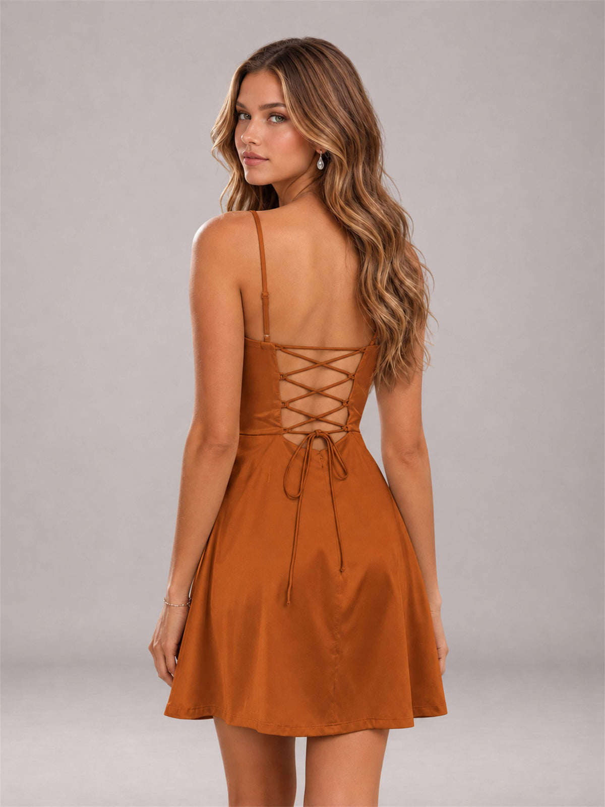 Burnt Orange Stretch Satin Cowl Neck Spaghetti Strap Pleated Mini Homecoming Dress with Lace Up Back
