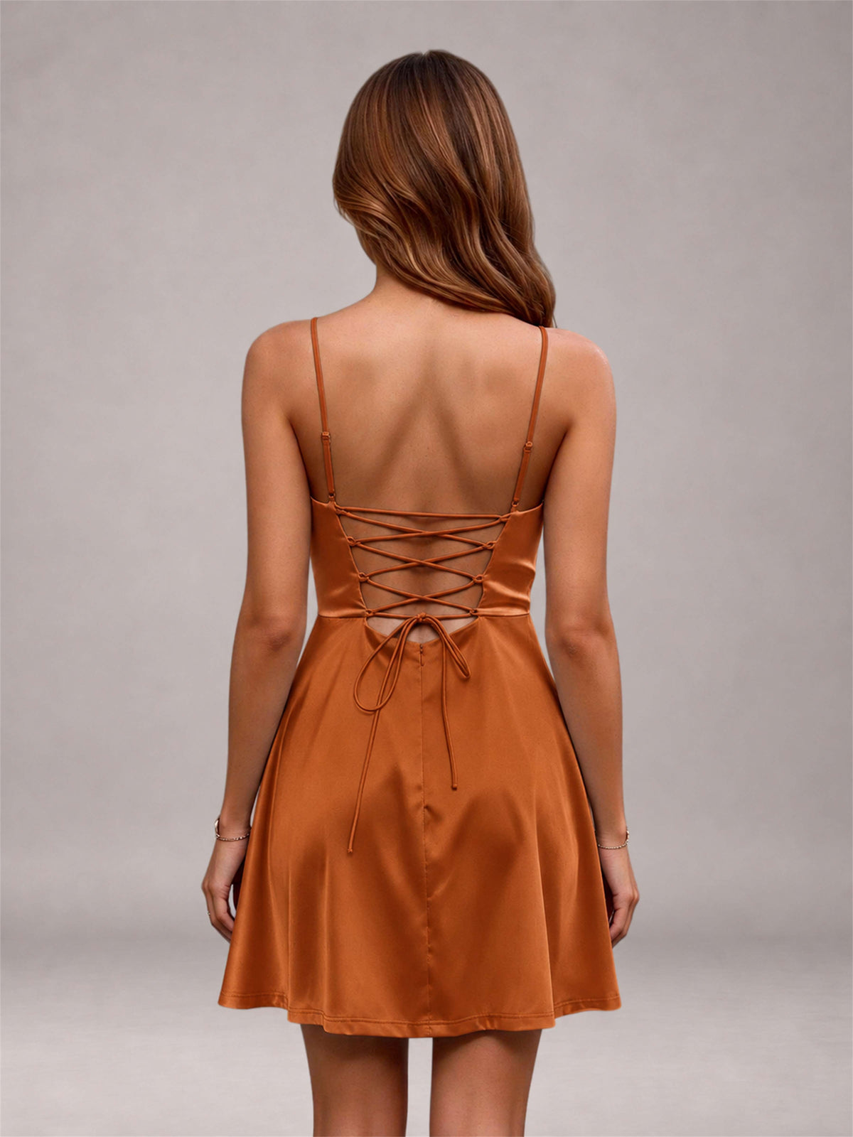Burnt Orange Stretch Satin Cowl Neck Spaghetti Strap Pleated Mini Homecoming Dress with Lace Up Back